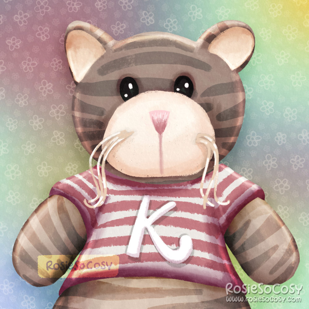 Illustration of a grey striped cat wearing a pink and white striped t-shirt with a big white K printed on it. Her name is Kalgrish.