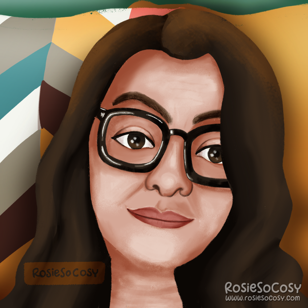 An attempt at a self portrait illustration of Rosie. Rosie has light to medium skin colour, dark brown hair, brown eyes, is wearing glasses with a thick black frame. Rosie is looking tired into the camera.