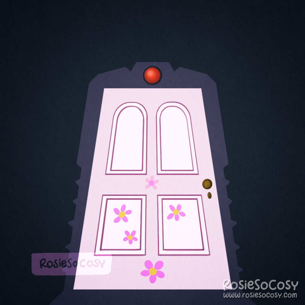 An illustration of the bedroom door of Boo, the little girl in the movie Monsters Inc. The door is a very light pink, with some pink flowers on the lower half of the door. The angle is from a low point, suggesting the person looking at it is tiny.