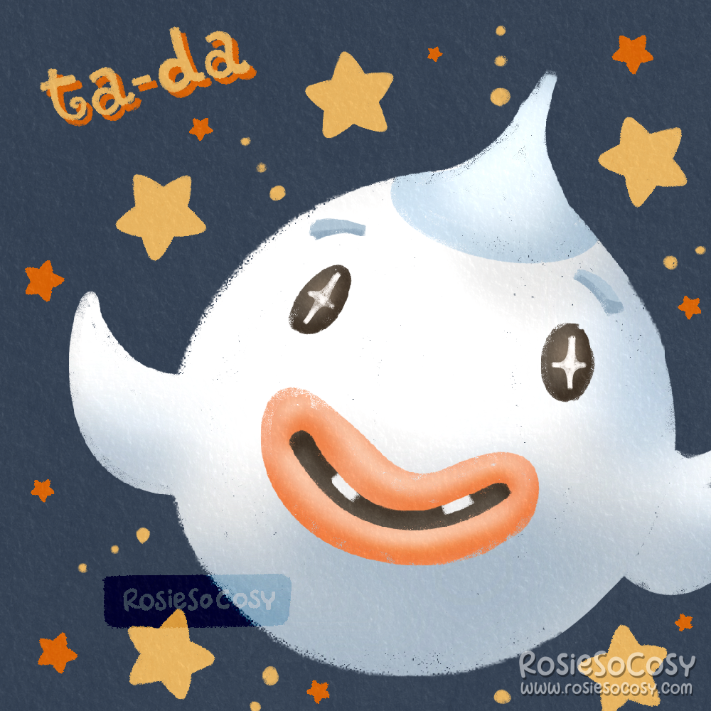 Illustration of Wisp, a ghost NPC character from the Animal Crossing video game series. Wisp is a friendly ghost who gives the player a challenge whenever he appears at night on the player's island. When you find all the missing ghost pieces, he says "Ta-da" which is also above his head in the illustration, as well as a bunch of yellow stars.