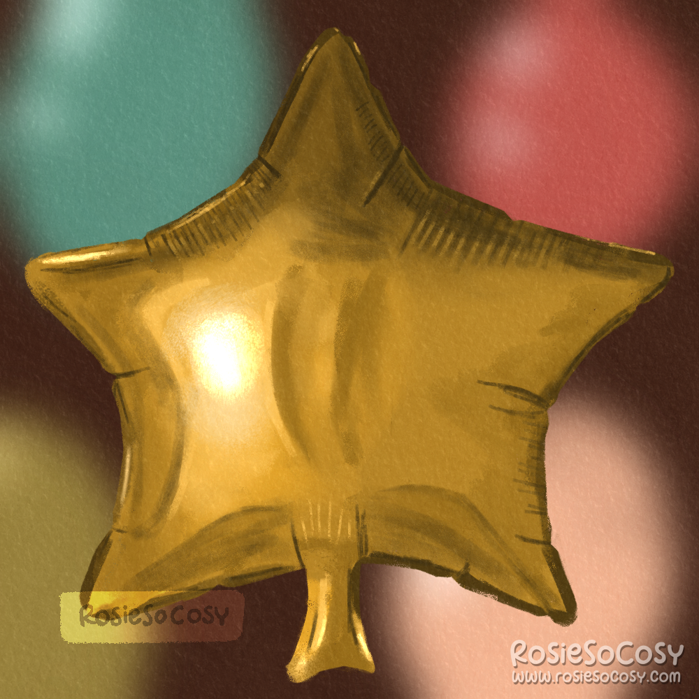Illustration of a gold foil star balloon. It's really shiny. In the background there are other (blurred) balloons in blue, red, green and pink.