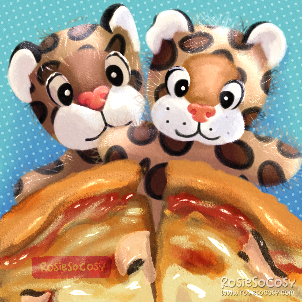 Illustration of Junior and Juniorientje, sharing a pizza together.