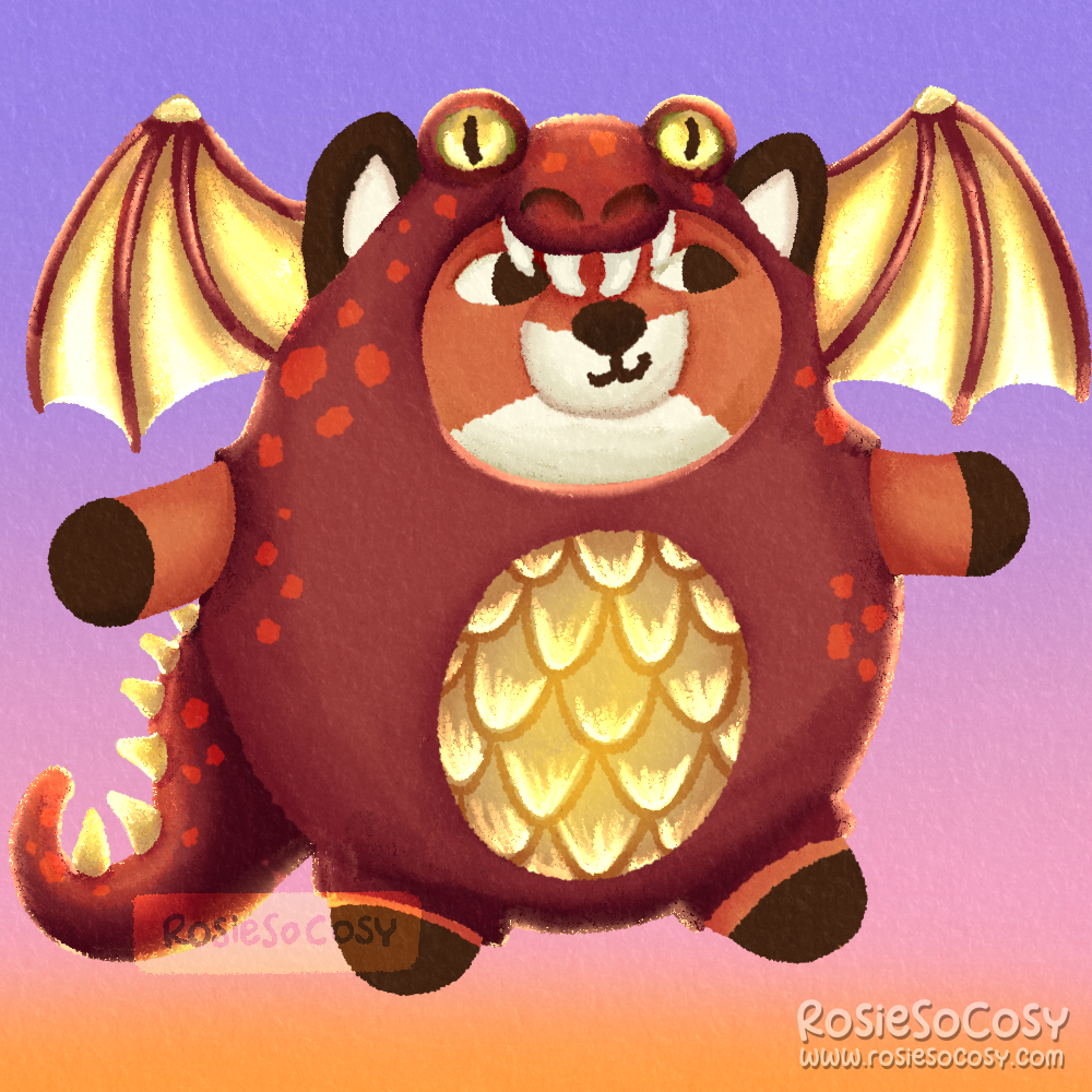 Illustration of Chonky Fox, all dressed up in a red and gold dragon costume.