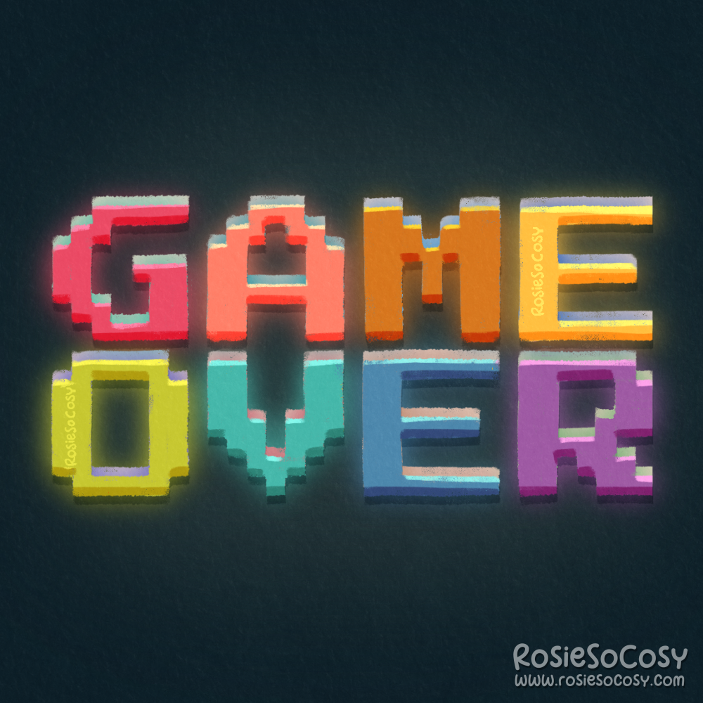 Illustration of the pixel text GAME OVER, in rainbow colours and with a weird 3D like effect.